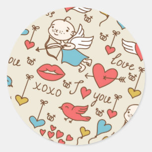 Valentine's Day Pattern with Cupid Classic Round Sticker
