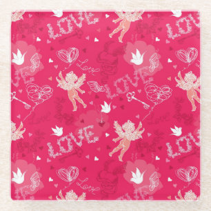 Valentine's Day  Pattern With Cupid Glass Coaster