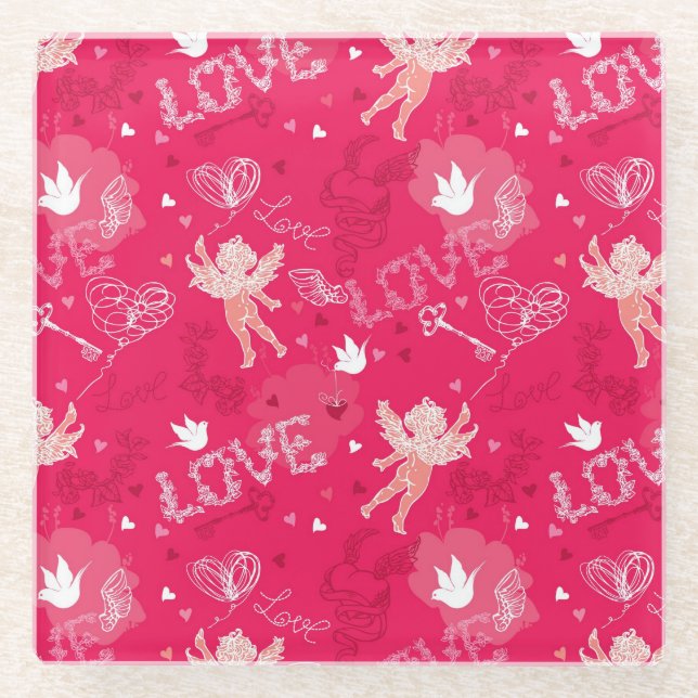 Valentine's Day  Pattern With Cupid Glass Coaster (Front)
