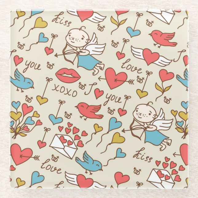 Valentine's Day Pattern with Cupid Glass Coaster (Front)
