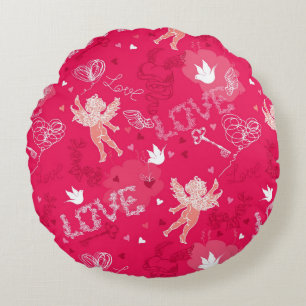 Valentine's Day  Pattern With Cupid Round Cushion