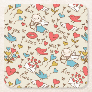 Valentine's Day Pattern with Cupid Square Paper Coaster