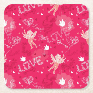 Valentine's Day  Pattern With Cupid Square Paper Coaster