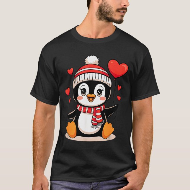 Valentine's Day Penguin Heart Balloon Cute  T-Shirt (Front)