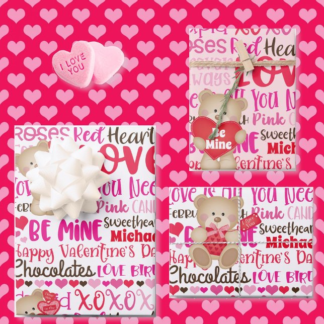 Valentine's Day Personalise Name Teddy Bear Hearts Wrapping Paper Sheet (Creator Uploaded)
