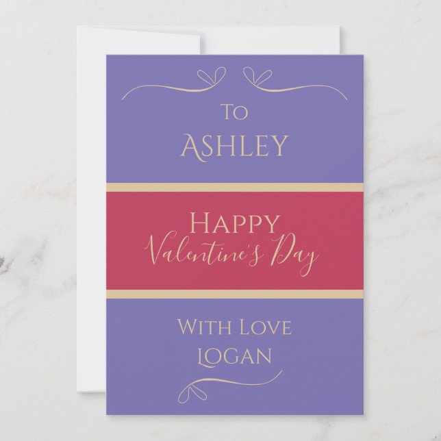 Valentines Day Personalised Name Purple Hot Pink Holiday Card (Front)