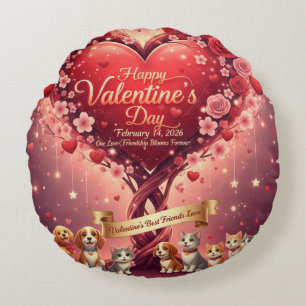 Valentine's Day Pets Lover's Floral Round Pillow