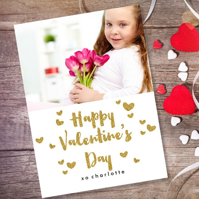 Valentine's Day Photo Glittery Gold Classroom Holiday Postcard (Creator Uploaded)