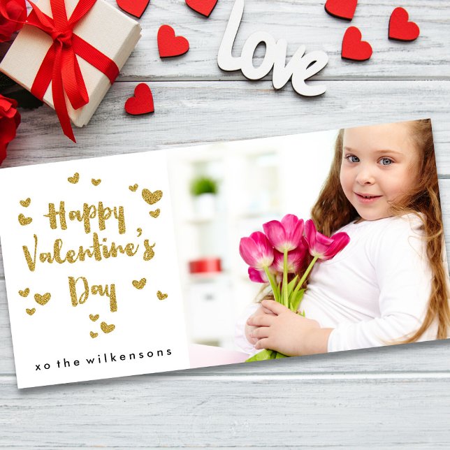 Valentine's Day Photo Glittery Gold Sparkle Hearts Holiday Card (Creator Uploaded)