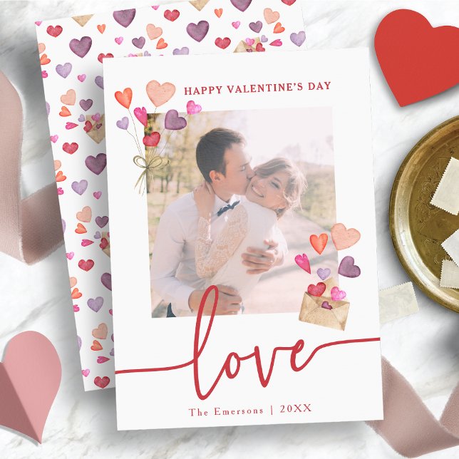 Valentine's Day Photo Holiday Card (Watercolor Hearts Valentine's Day Photo Holiday Card)