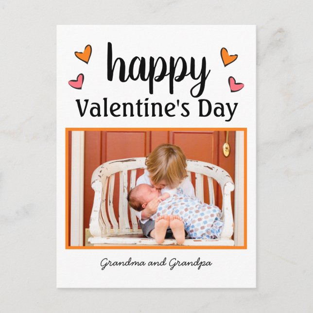 Valentine's Day Pink and Orange Hearts One Photo Holiday Postcard (Front)