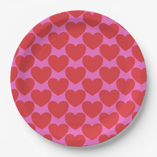 Valentine's Day Pink and Red Heart Pattern Party Paper Plate (Front)