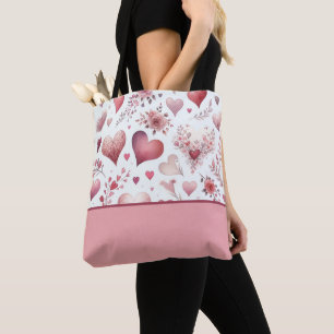 Valentine's Day Pink and Red Hearts, Colour Block Tote Bag