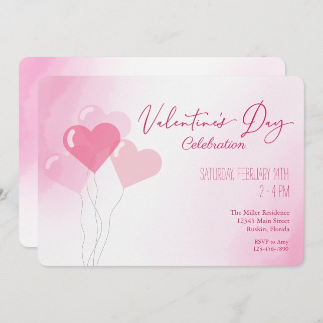 Valentine's Day Pink Balloons Watercolor Party Invitation (Front/Back)