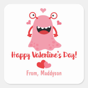 Valentine's Day Pink Cartoon Monster and Hearts Square Sticker