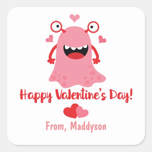 Valentine's Day Pink Cartoon Monster and Hearts Square Sticker (Front)