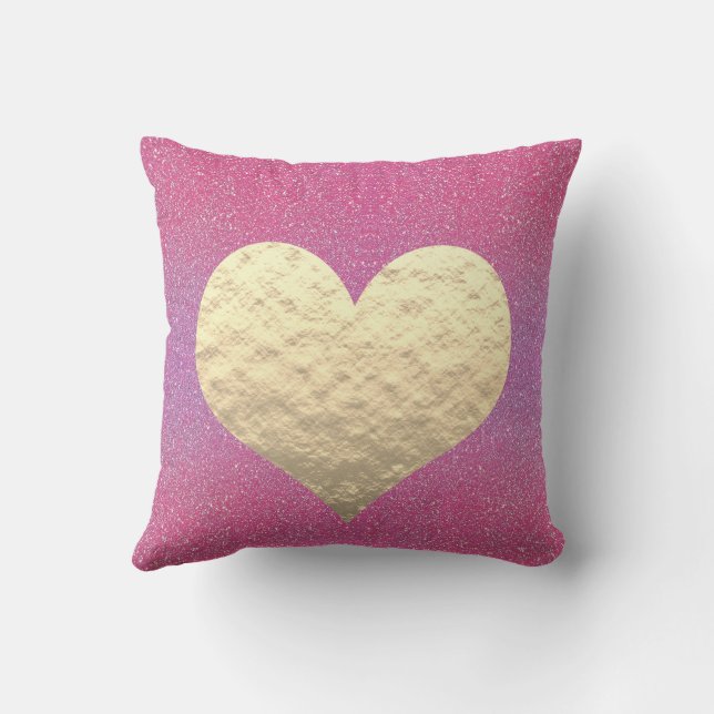 Valentine's Day Pink Glitter Golden Heart Cute Gif Cushion (Back)