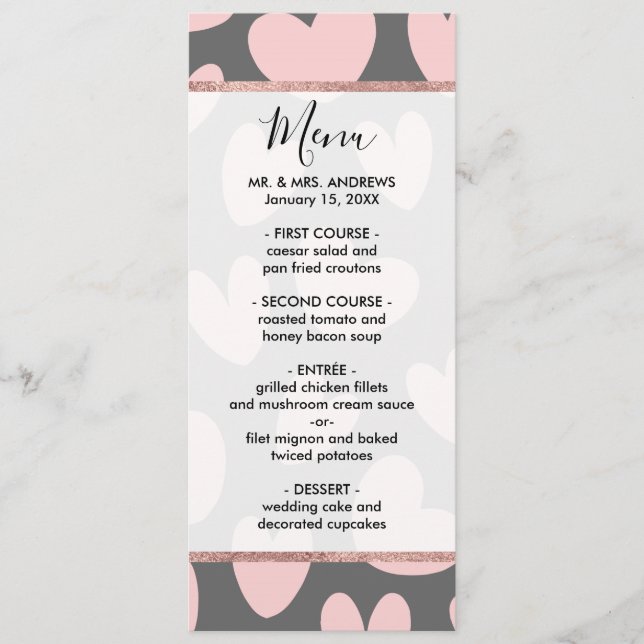 Valentine's Day Pink Grey Romantic Hearts Menu (Front)