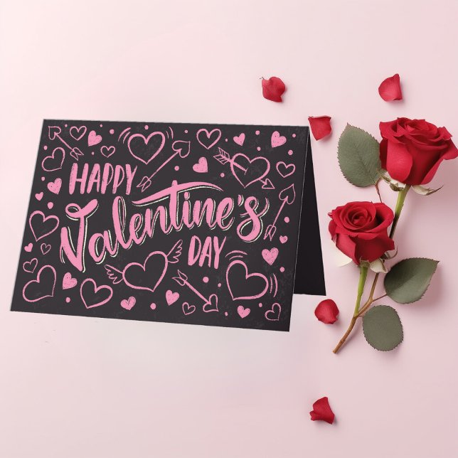 Valentine's Day Pink Heart Black Chalkboard Style Holiday Card (Creator Uploaded)