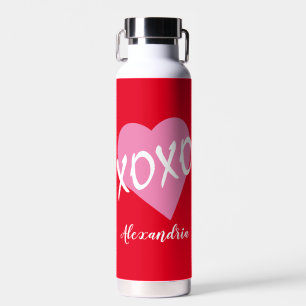 Valentine's Day Pink Heart Kisses Hugs XOXO Red Water Bottle
