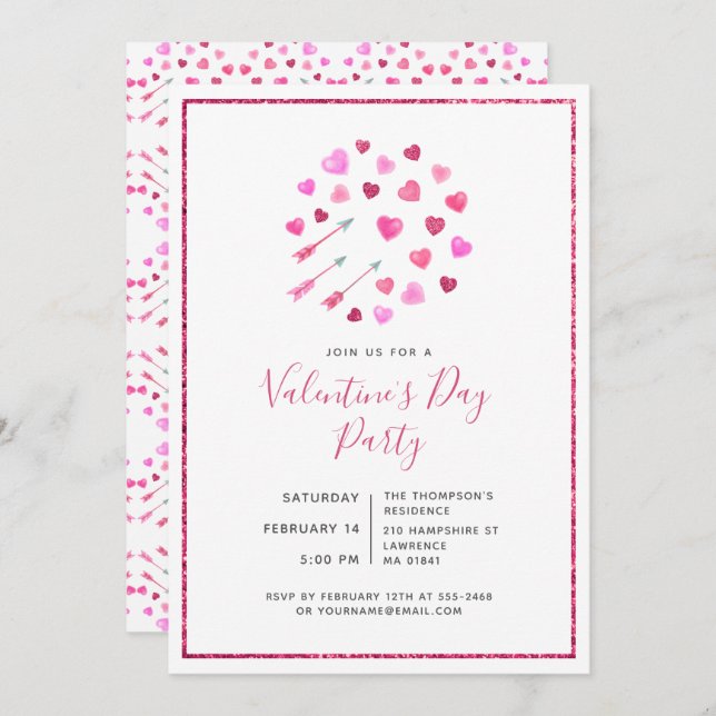 Valentine's Day Pink Hearts and Arrows Invitation (Front/Back)