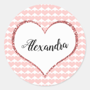 Valentine's Day Pink Hearts Custom Name Classic Round Sticker