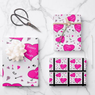 Valentines Day Pink Hearts Hugs n Kisses Wrapping Paper Sheet