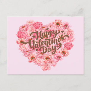 Valentine's Day Pink Peony Floral Heart Postcard