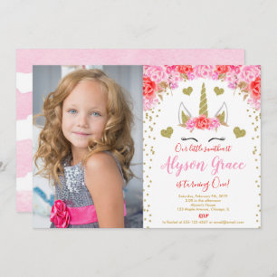 Valentines day pink red gold unicorn girl photo invitation