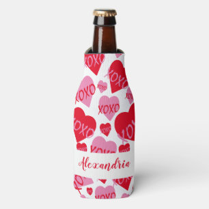 Valentine's Day Pink Red Heart XOXO Pattern White Bottle Cooler