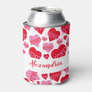Valentine's Day Pink Red Heart XOXO Pattern White Can Cooler