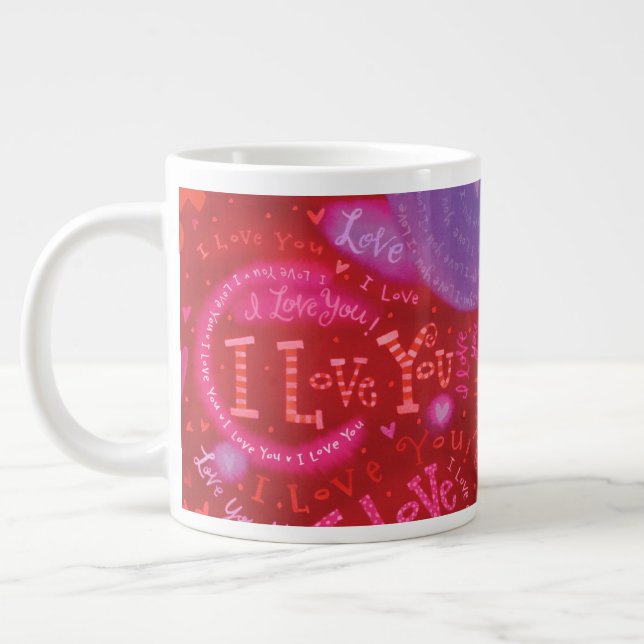 Valentine's Day Pink Red I Love You Typography Large Coffee Mug (Left)