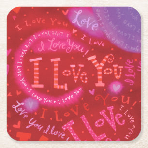 Valentine's Day Pink Red I Love You Typography Square Paper Coaster