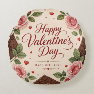 Valentines Day Pink Roses Chocolate Bars Round Cushion