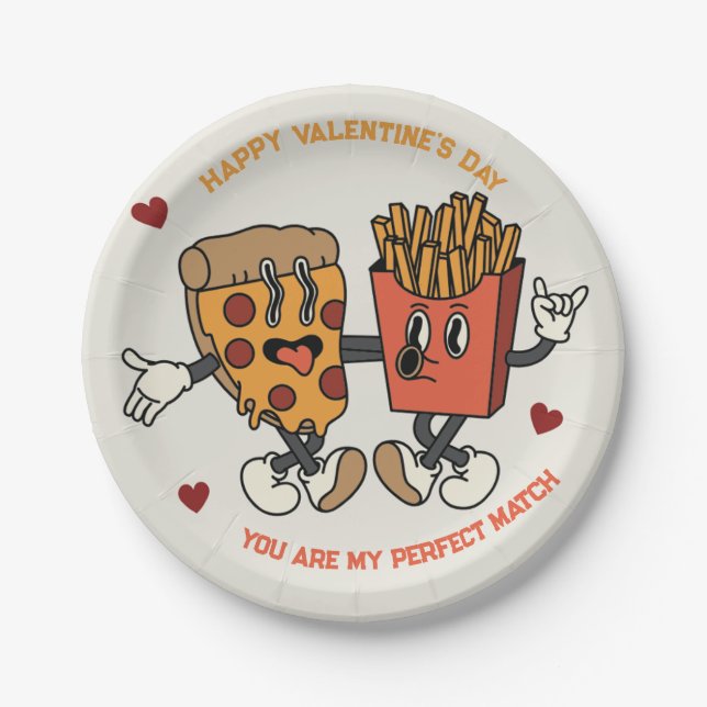 Valentine's Day "Pizza and Fried Potatoes Match"  Paper Plate (Front)