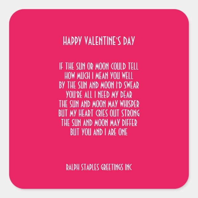 VALENTINE'S DAY POEM SQUARE STICKER (Front)