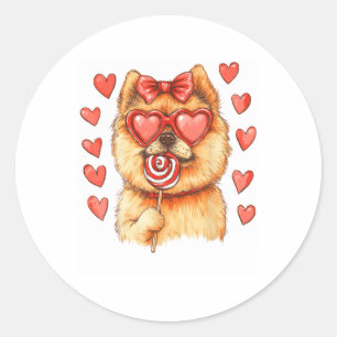 Valentines Day Pomeranian Dog With Lollipop Heart Classic Round Sticker
