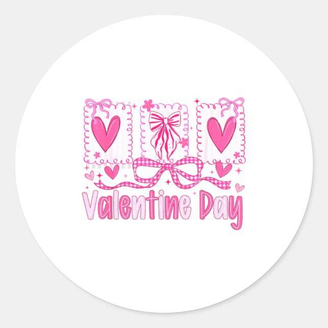Valentines Day Preppy Hearts Coquette Bow Women Gi Classic Round Sticker (Front)
