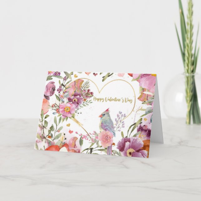 Valentine's Day Pretty Bird Watercolor Floral Holiday Card (Front)