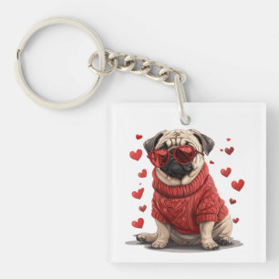 Valentines Day Pug Dog Key Ring