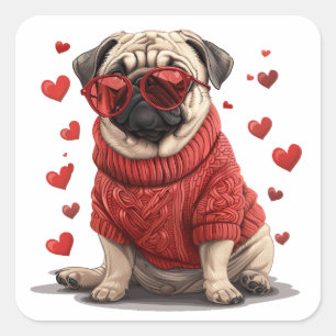 Valentines Day Pug Dog Square Sticker