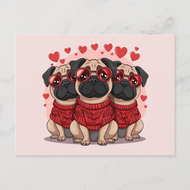 Valentines Day Pug Dogs Postcard (Front)