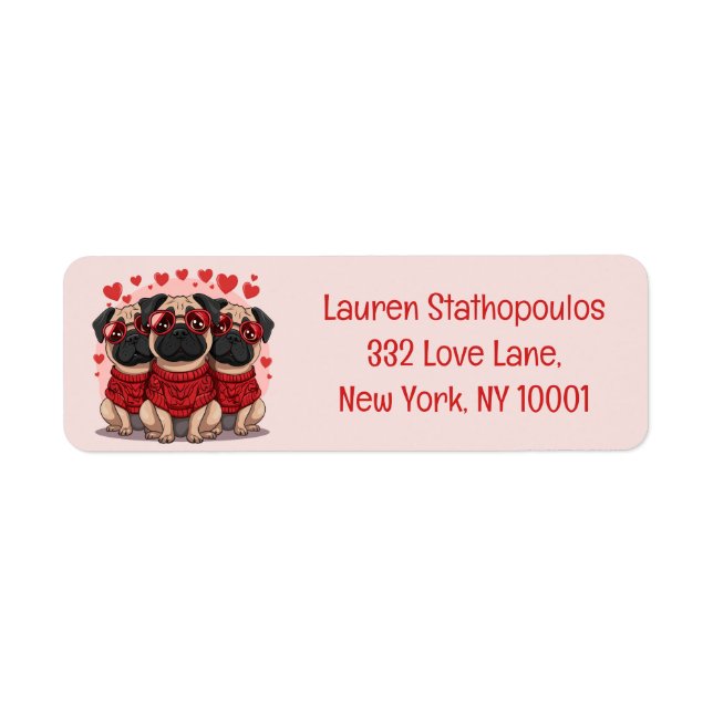 Valentines Day Pug Dogs Return Address Label (Front)