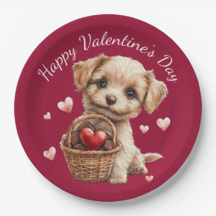 Valentine's Day Puppy Basket Red Heart Candy Paper Plate