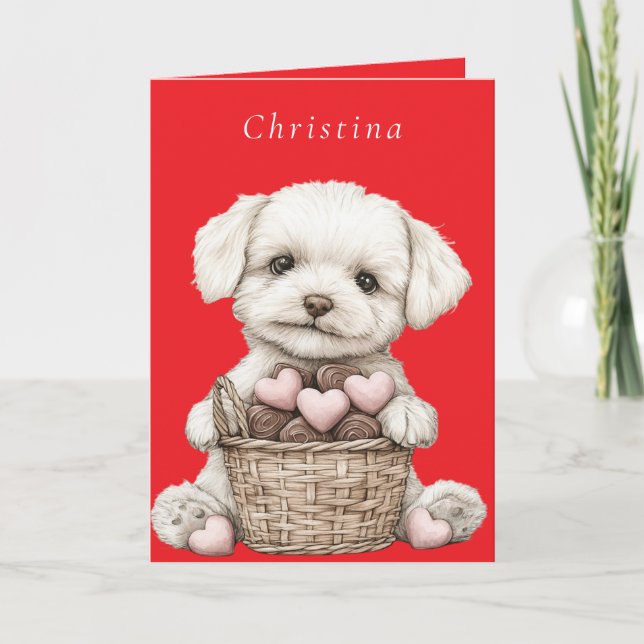 Valentines Day Puppy Pink Chocolate Hearts Basket Card (Front)