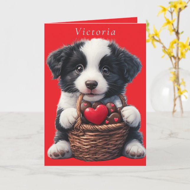 Valentines Day Puppy Red Chocolate Hearts Card (Yellow Flower)