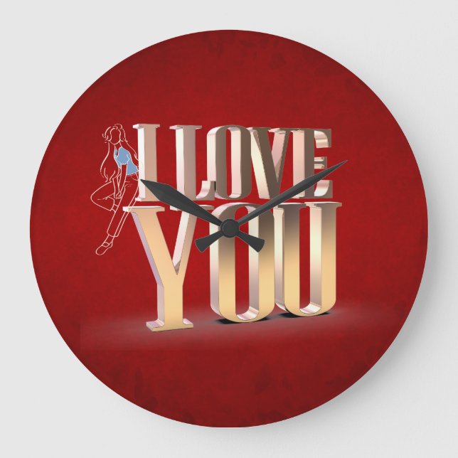 Valentine's Day Red 3D I Love You  Large Clock (Front)