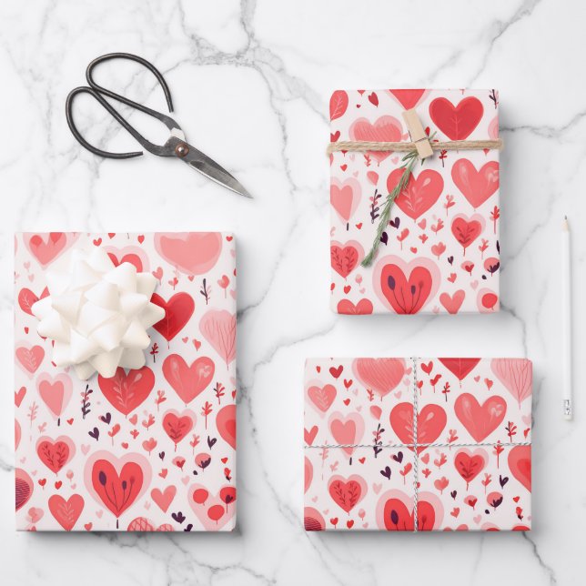 Valentine's Day Red and Pink Hearts Wrapping Paper Sheet (Front)