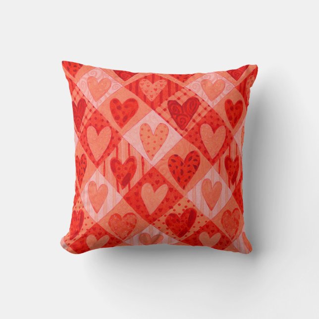 Valentine's Day Red and Pink Patchwork Hearts Cushion (Front)