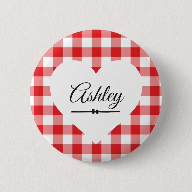 Valentine's Day Red Gingham Heart Custom Name 6 Cm Round Badge (Front)